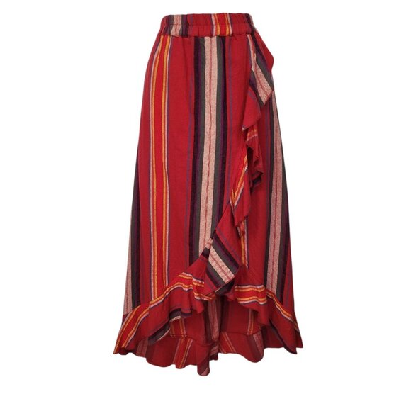 R Cinco Ranch Dresses & Skirts - R Cinco Ranch Skirt L Asymmetrical Hem Faux Wrap Red Stripe Elastic Waist Ruffle